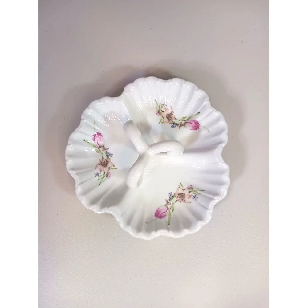 Vintage Floral Porcelain Candy Dish Handled Trinket Ring Vanity Dish Pink Rose